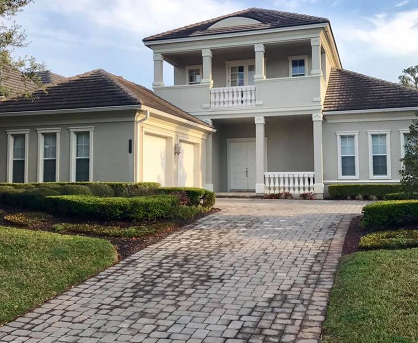 Clay Tile Roof & Brick Driveway Before - Patriot SoftWash