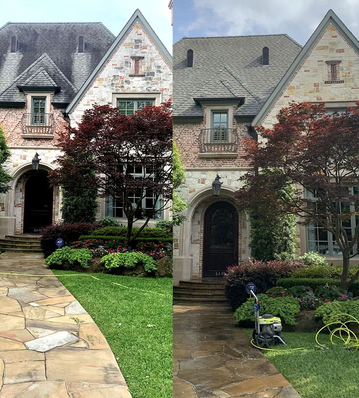Patriot SoftWash - Austin Stone cleaning before & after